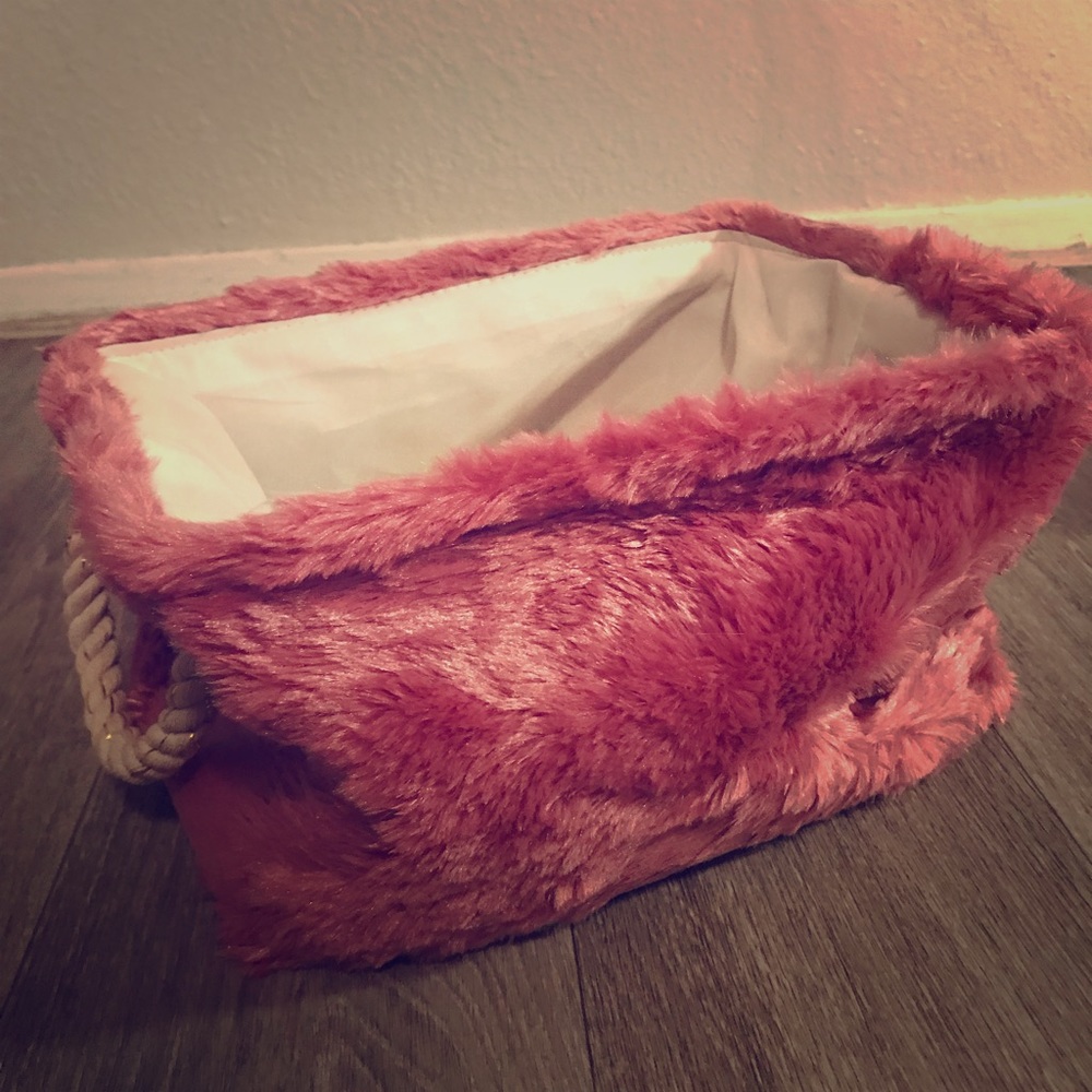 Pink Fuzz Faux Fur Collapse Basket Box Rope Handle